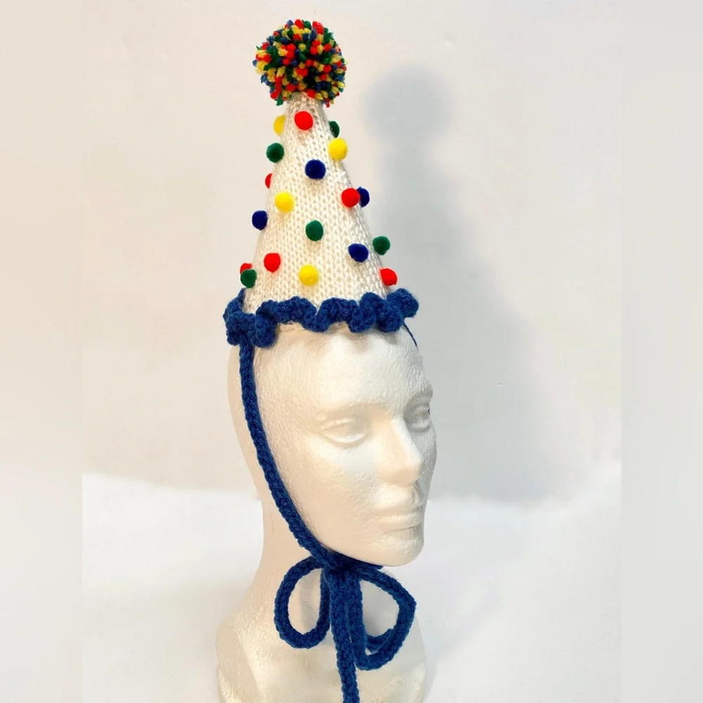 NWT Hand Knit Party Hat in Primary Colors with Neck Tie size Fits Most